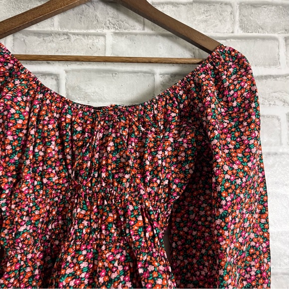 Zara Colorful Mini Floral Printed PeasantSmocked Peplum Cropped Balloon Slv XS - Picture 3 of 8